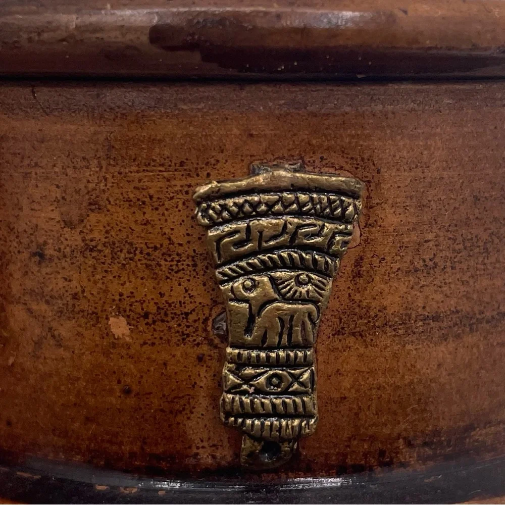 Round Clay Pottery  Trinket Box w/ Lid, Metal Tribal Inlays, Brown/Gold 3” x 2”